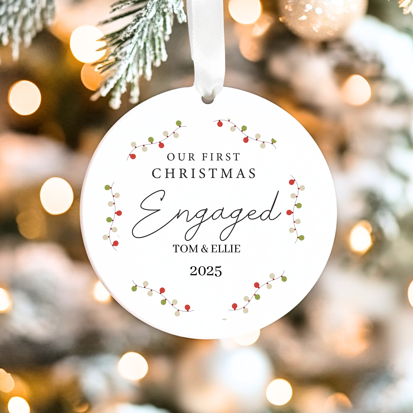 Personalized Christmas ornament with 'Our First Christmas Engaged' text against a festive background.