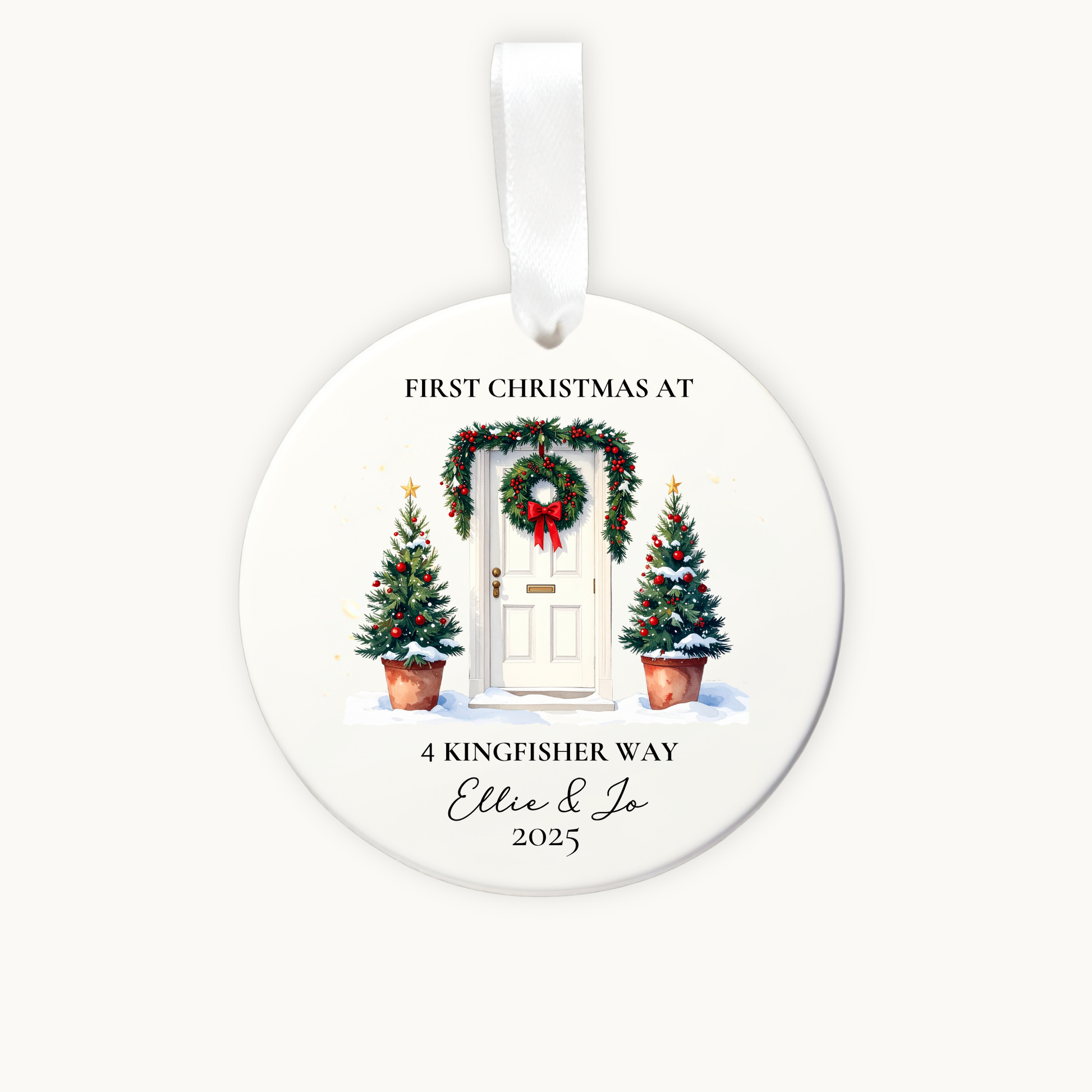 Personalized Christmas ornament with a door and trees design, featuring text for 'First Christmas at' and address details.