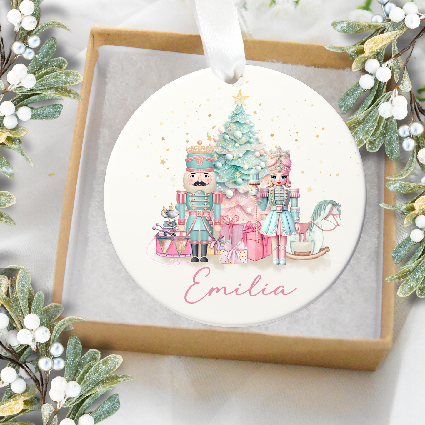 Decorative Christmas ornament with illustrations of Nutcrackers and a tree, framed by mistletoe.