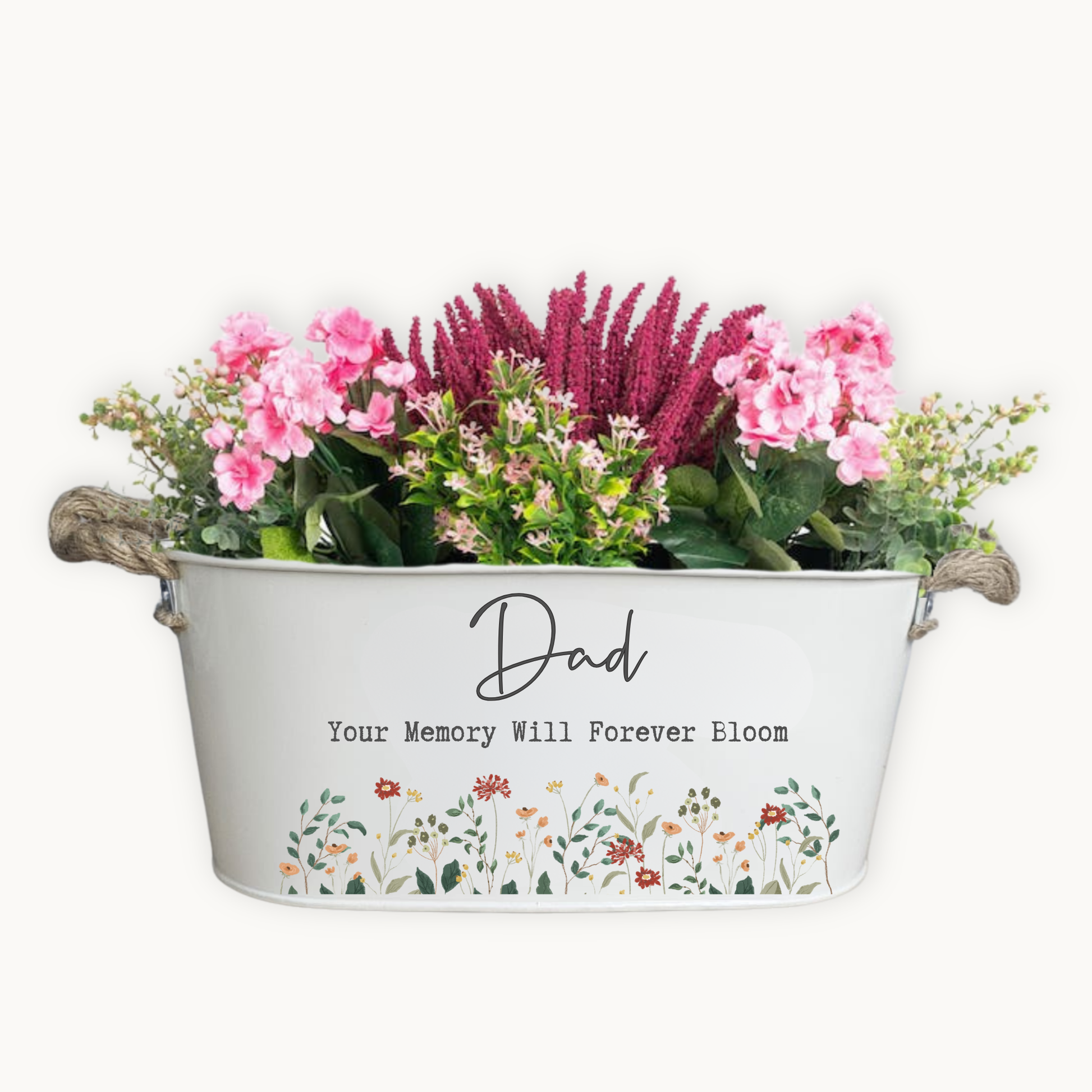 Decorative planter with flowers and 'Dad Your Memory Will Forever Bloom' text on a white background