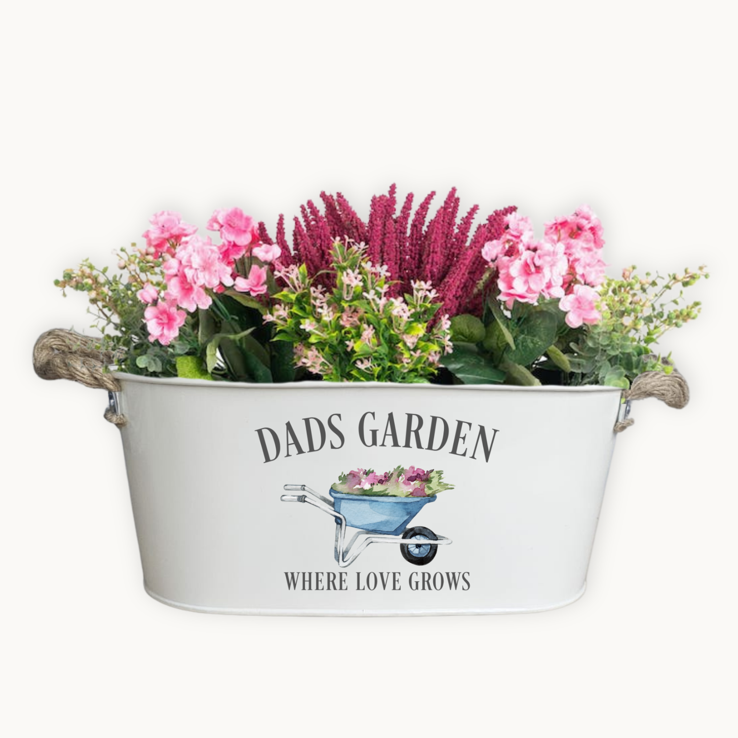 Decorative metal planter with flowers and 'Dad's Garden' text on a white background