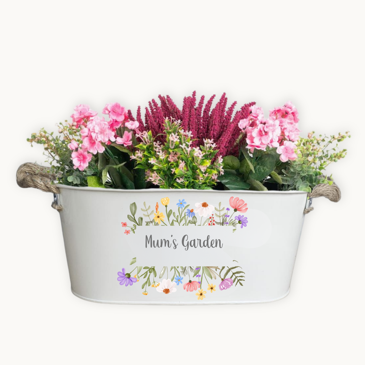 Decorative grey garden flower pot planter printed with Mums garden with a floral watercolour border