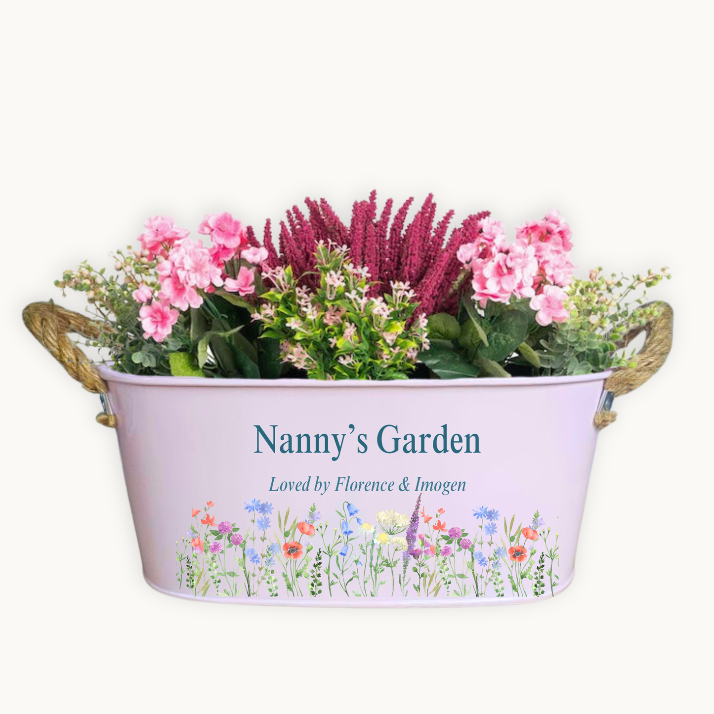 Decorative planter with flowers labeled 'Nanny's Garden' on a white background