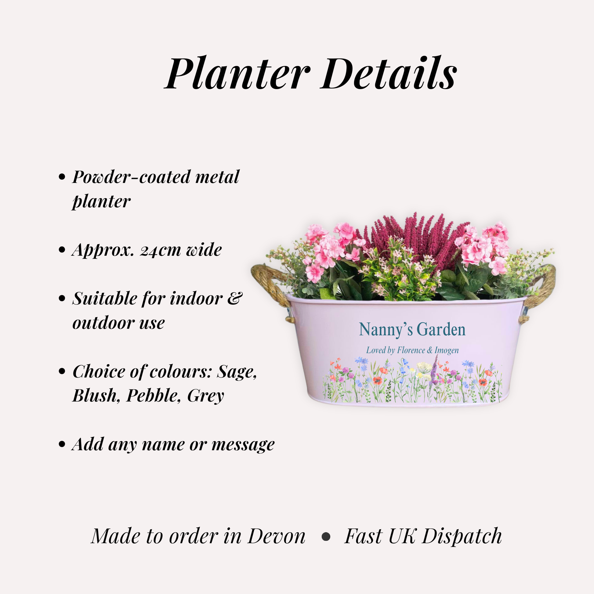 Metal planter with flowers and text detailing features on a white background