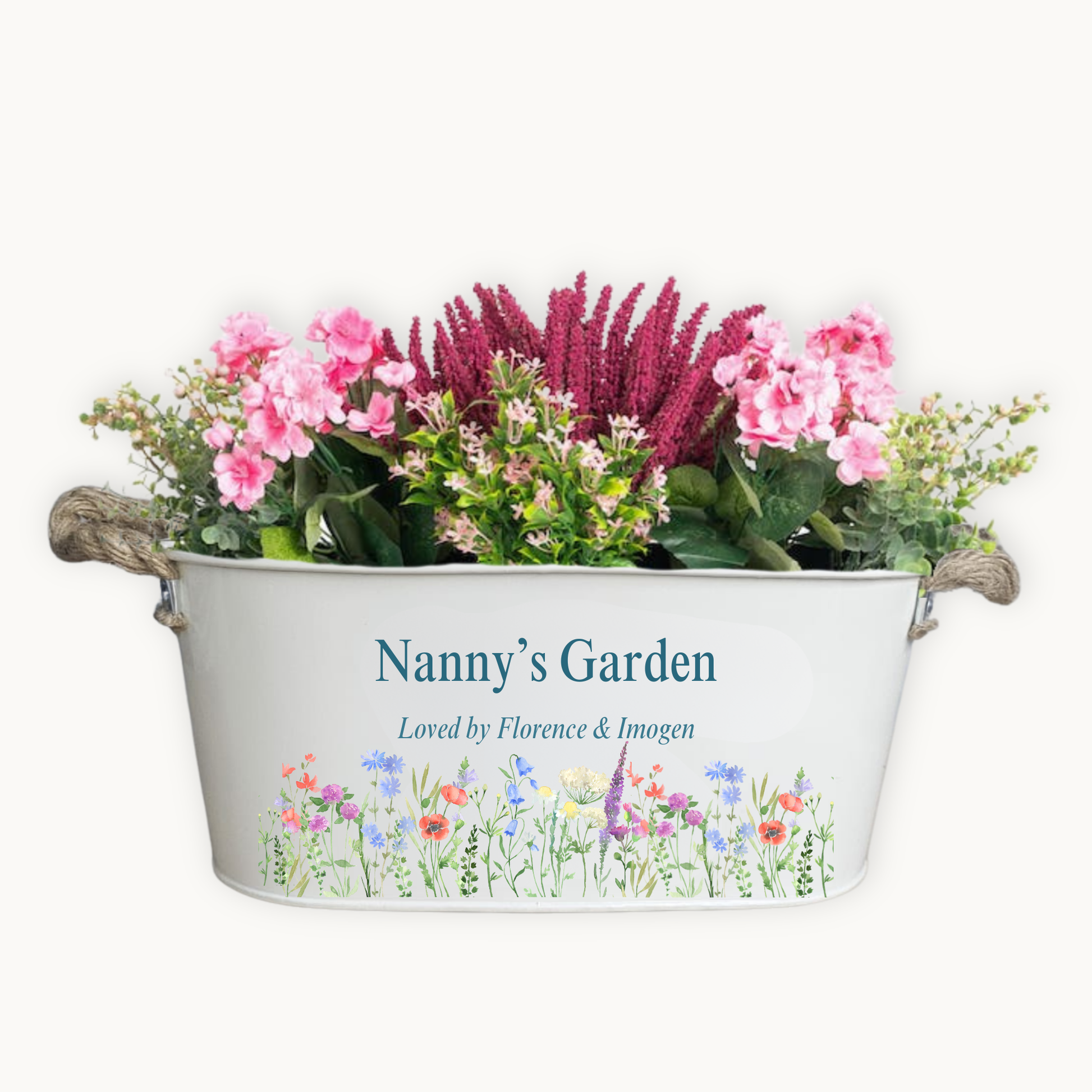 Decorative planter with flowers labeled 'Nanny's Garden' on a white background