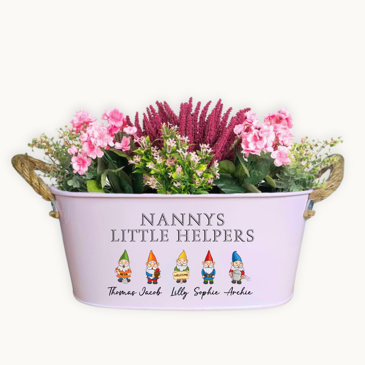 Decorative planter with flowers and personalized text on a white background