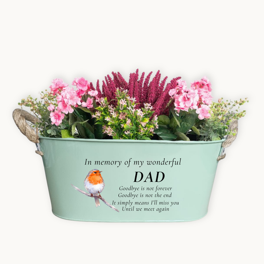 Robin Memorial planter with flowers and a quote for a father on a white background