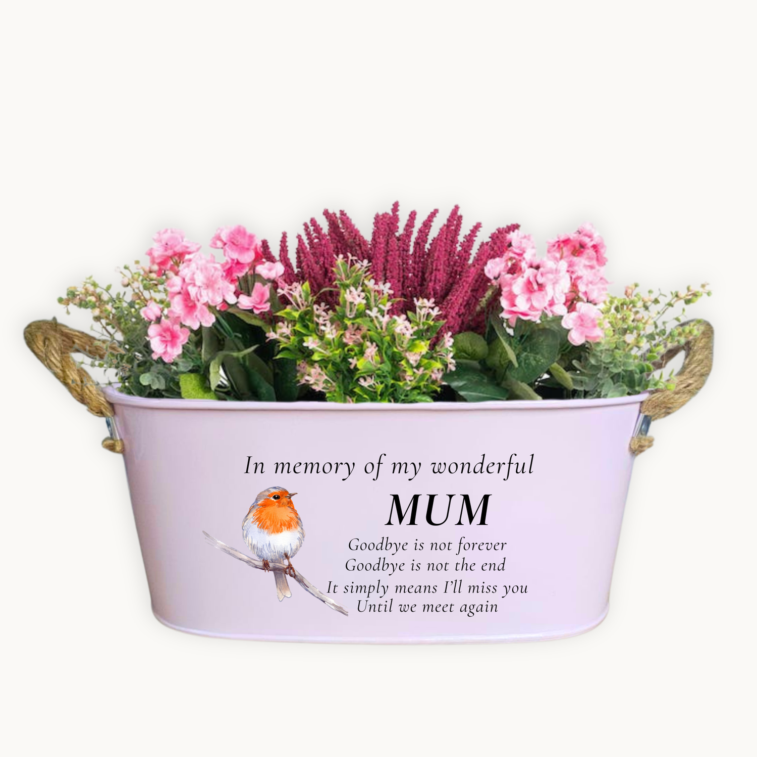 Floral arrangement in a decorative container with text on a white background