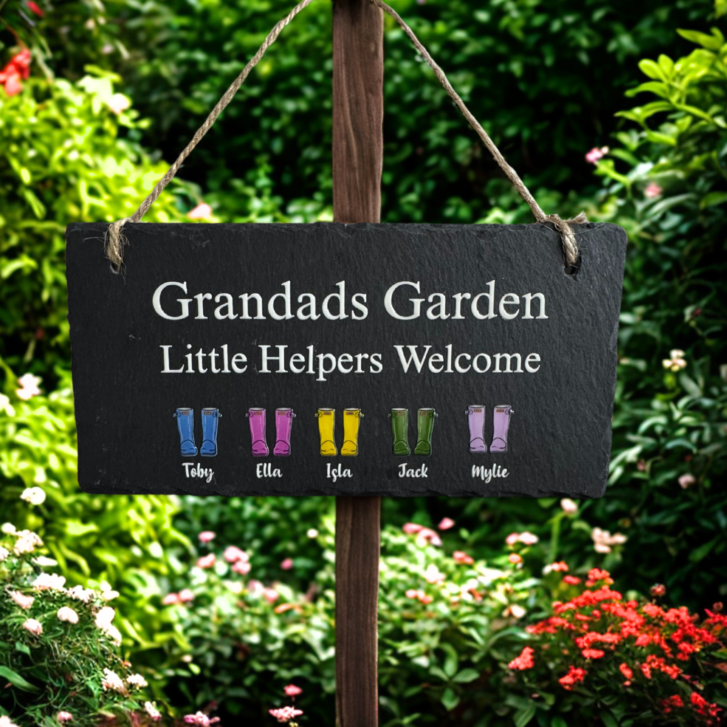 Personalised Family Little Helpers Garden Hanging Slate Sign – Wellington Boots