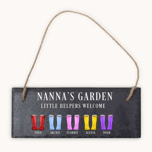 Personalised Family Little Helpers Garden Hanging Slate Sign Wellie Boots