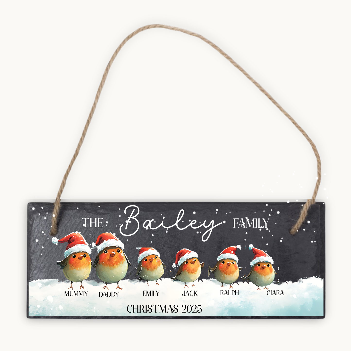 Decorative Christmas sign with cartoon birds wearing Santa hats and personalized text on a white background.