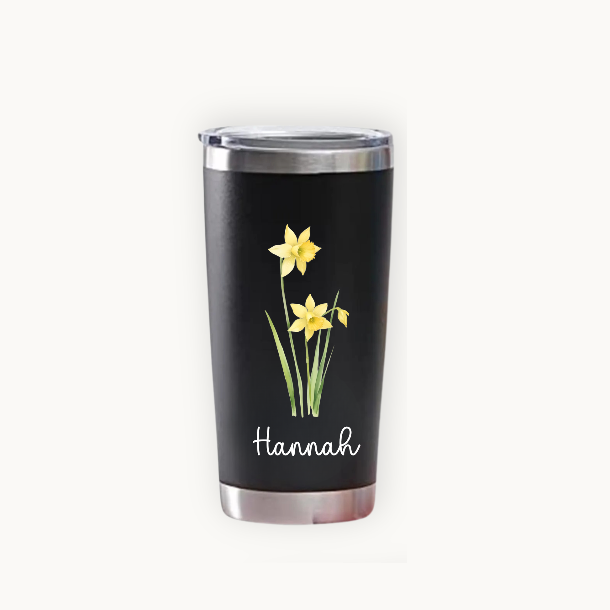 Black tumbler with yellow flowers and 'Hannah' text on a white background