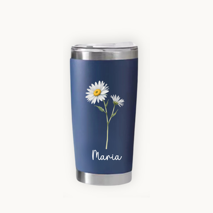 Navy blue tumbler with floral design and 'Maria' text on a white background