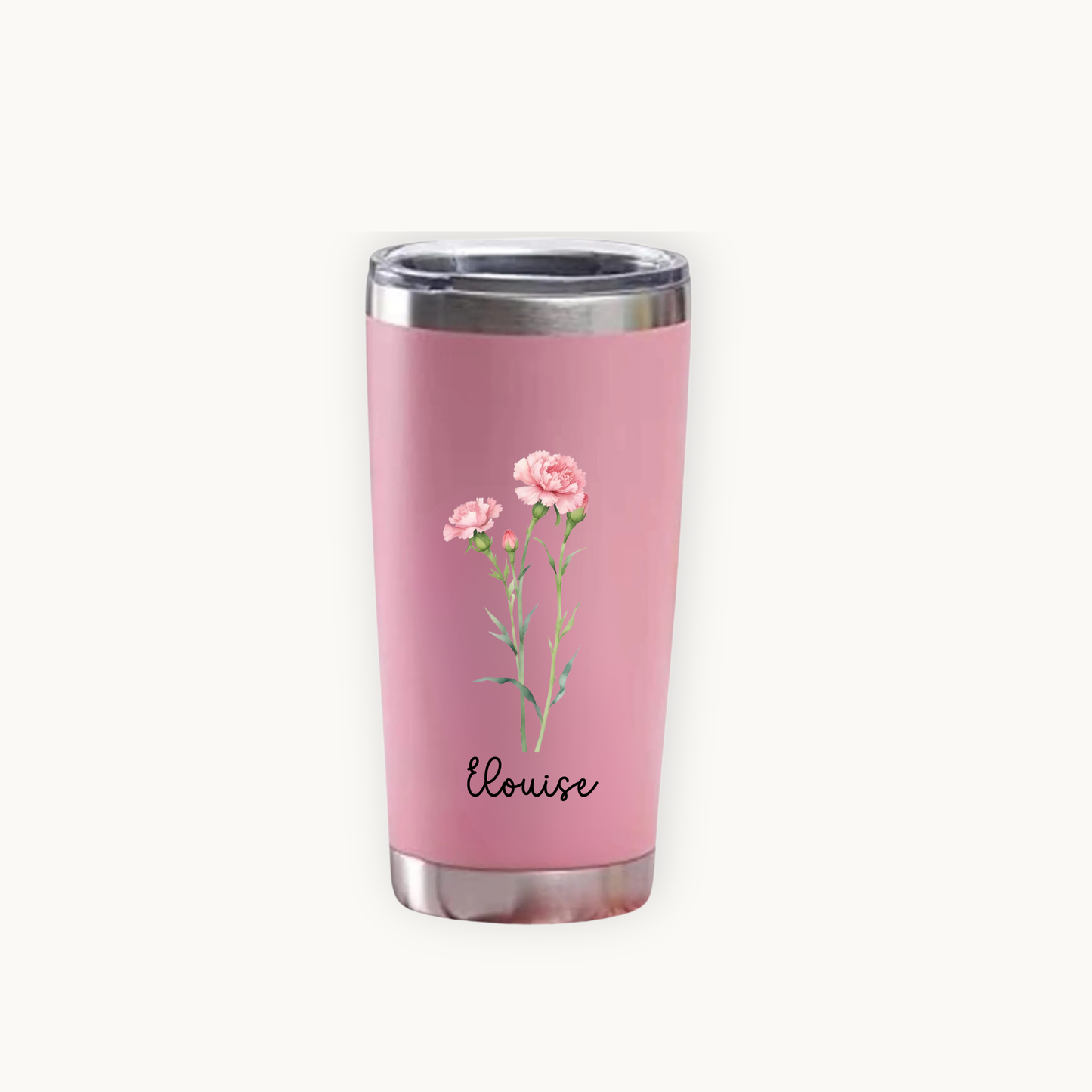 Pink tumbler with floral january birth flower carnation design and 'Louise' text on a white background