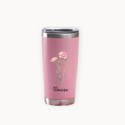 Pink tumbler with floral january birth flower carnation design and 'Louise' text on a white background