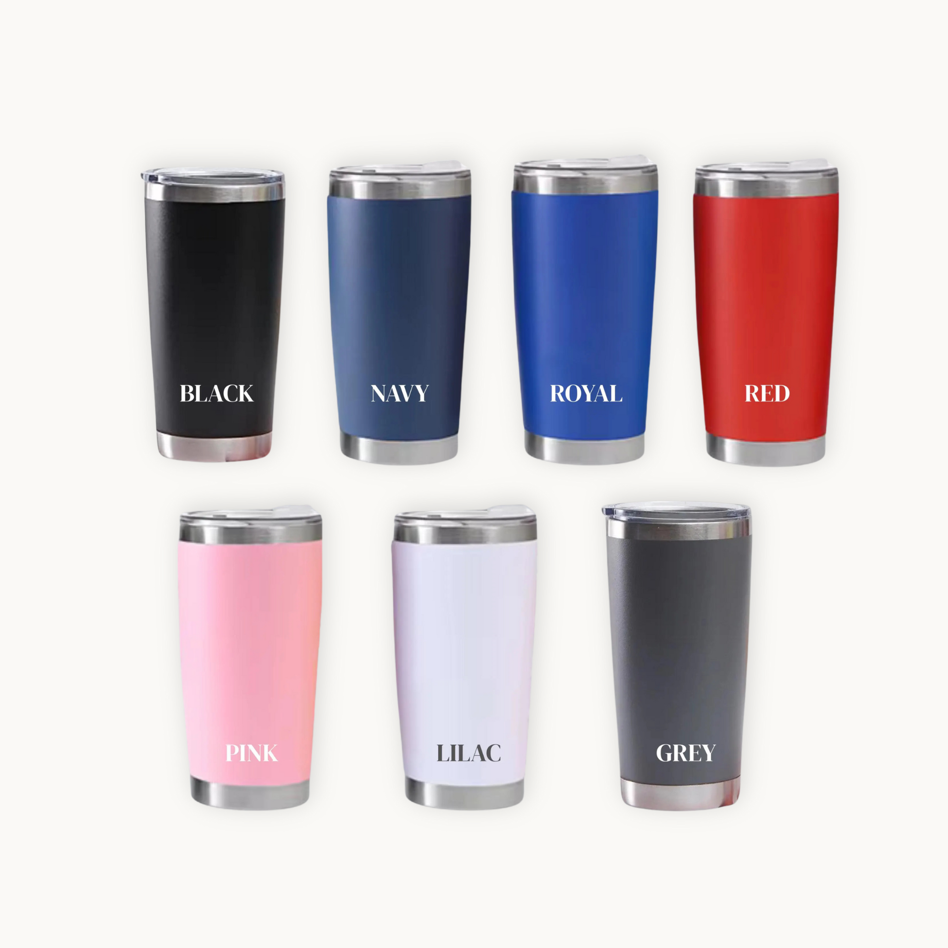 Set of eight insulated tumblers in various colors with color names on a white background