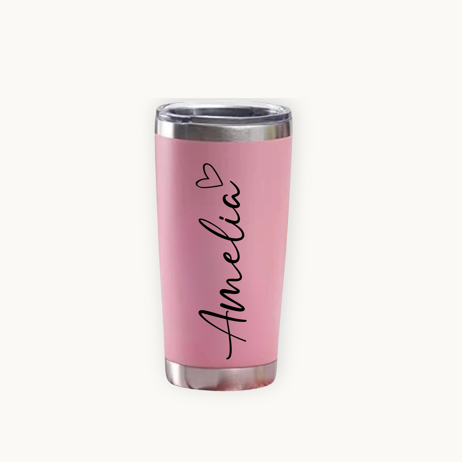 Pink personalised coffee tumbler with a black script name and heart decal printed with the word Amelia