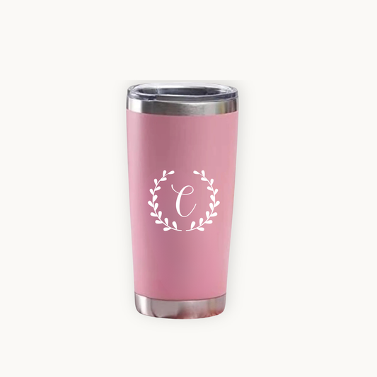 Personalised thermal tumbler with white floral laurel wreath and the inital A printed on a clean white background