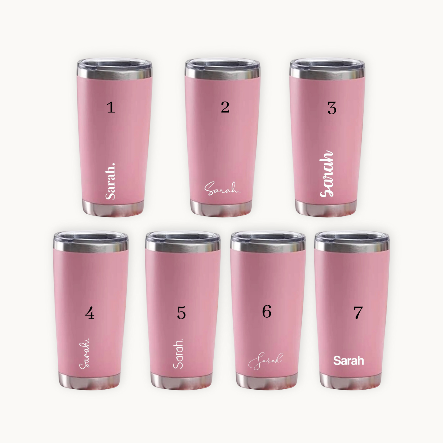 Set of seven pink tumblers with numbers and names on a white background