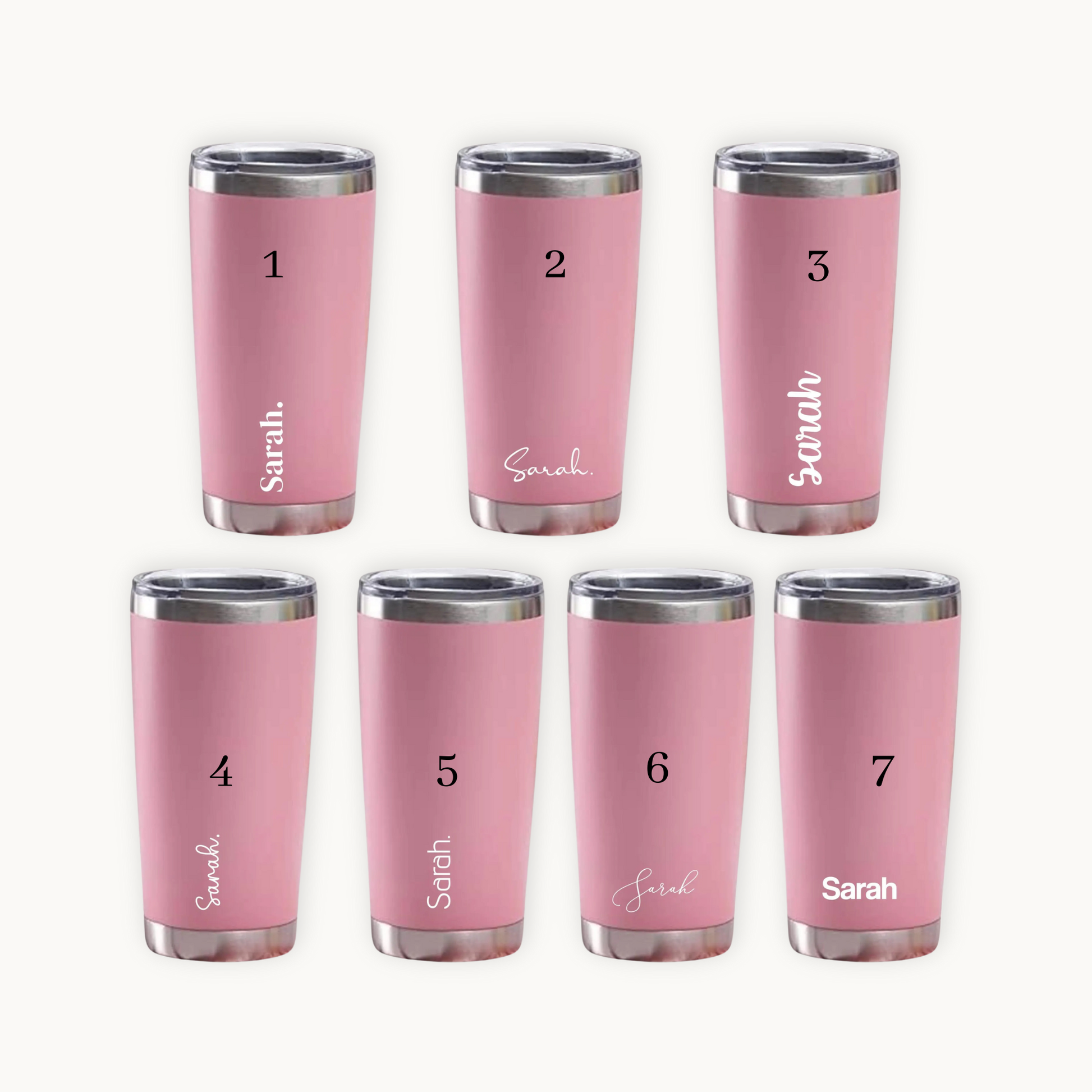 Set of seven pink tumblers with numbers and names on a white background