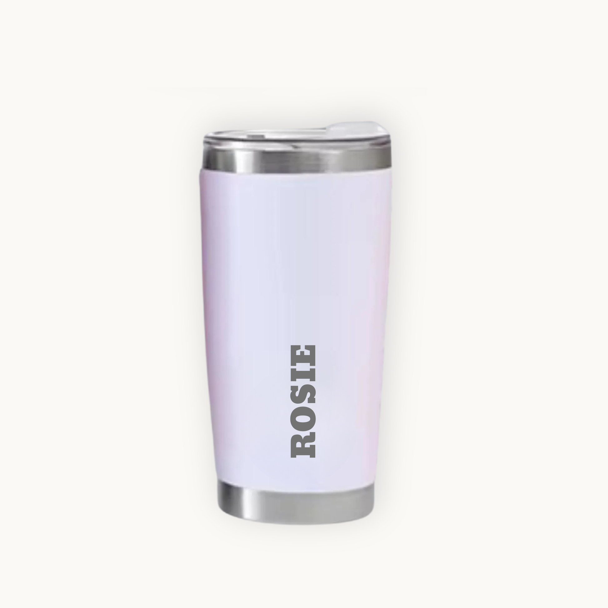 Lavender tumbler with silver rim and 'ROSIE' engraving on a white background