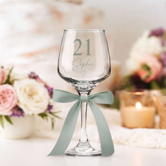 Personalised wine glass with name and age, With a tied Sage Green bow Ribbon