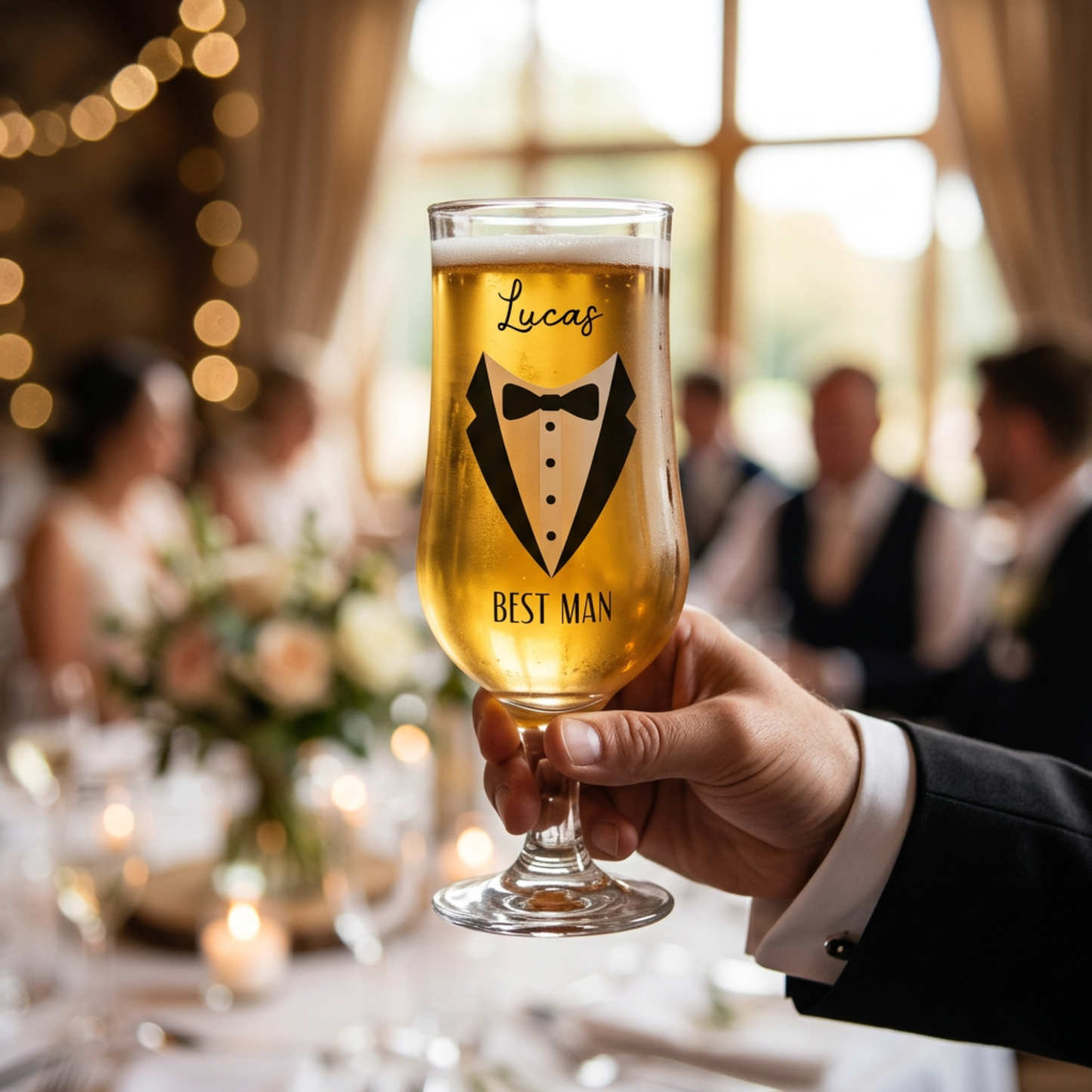 Hand holding a glass of beer with 'Best Man' and tuxedo design, blurred wedding background