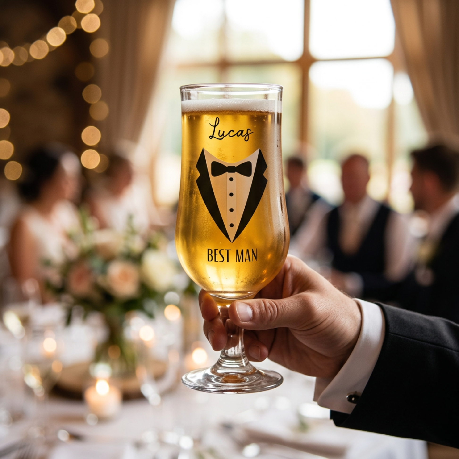 Hand holding a glass of beer with 'Best Man' and tuxedo design, blurred wedding background