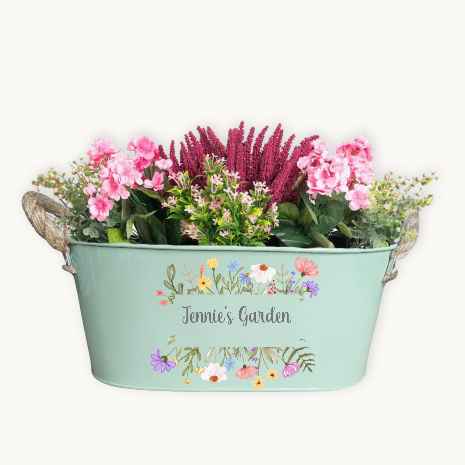 Personalised metal garden planter with floral design and custom name
