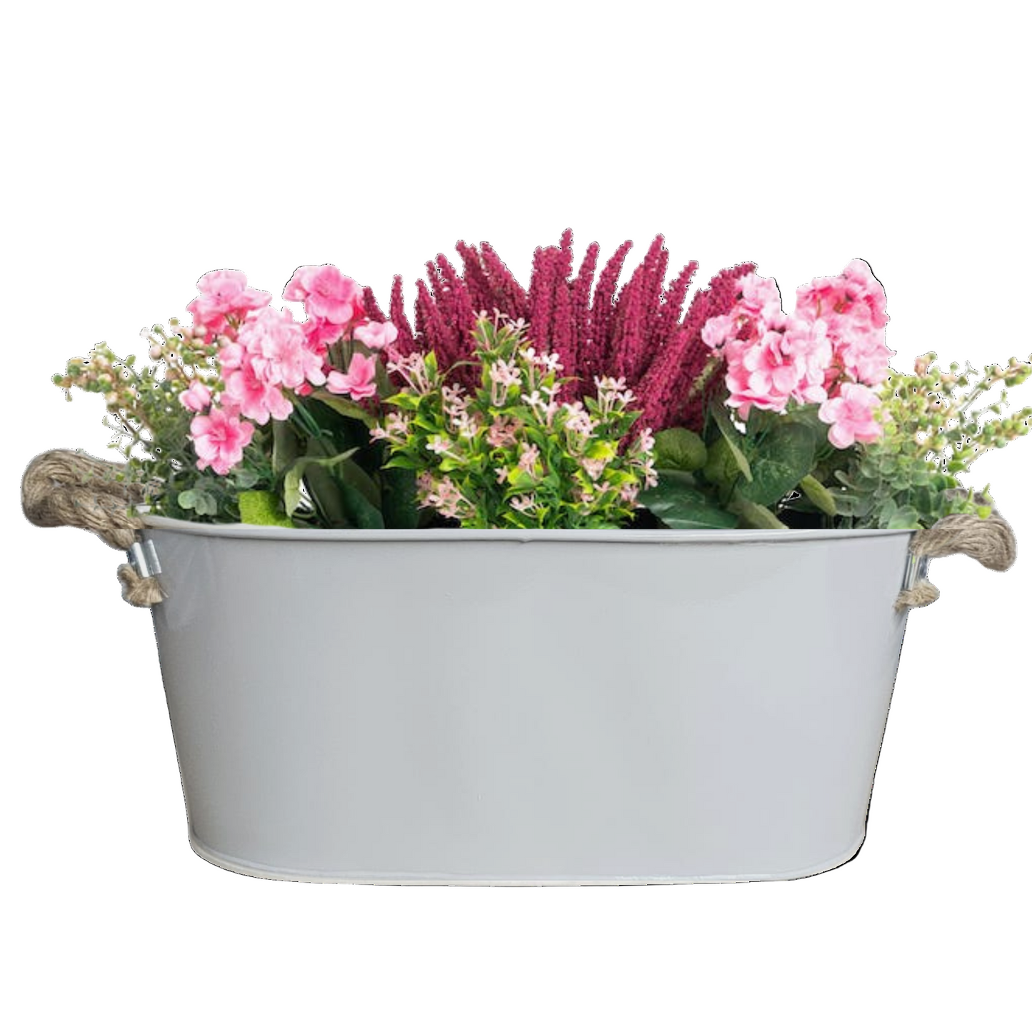 Decorative grey metal planter with flowers on a white background