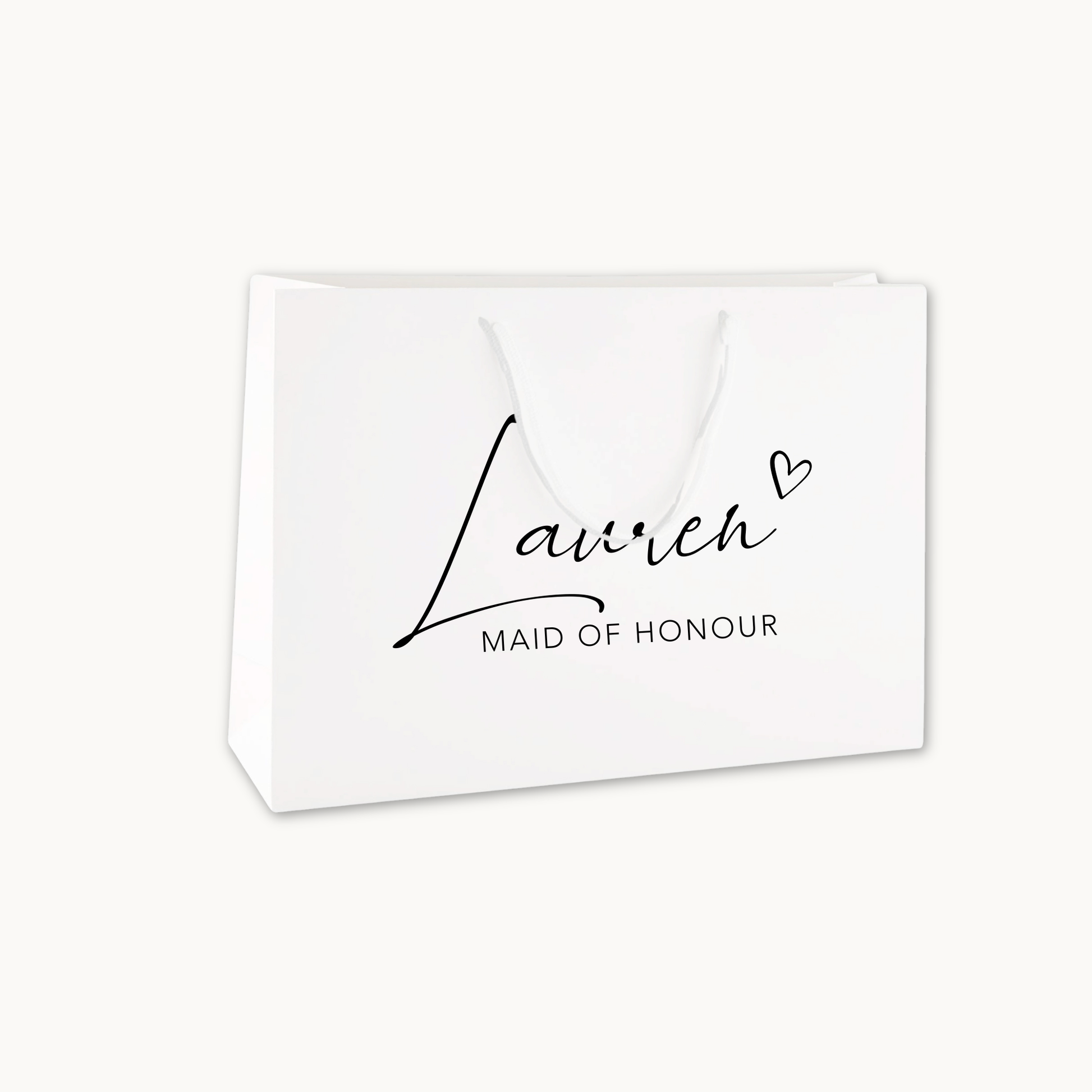 Luxury white gift bag with cotton rope handles printed with the words Lauren and Maid of honour in script black font