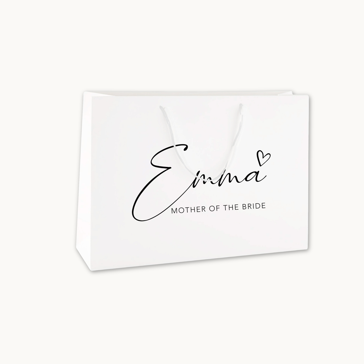 White gift bag with 'Emma Mother of the Bride' text on a white background