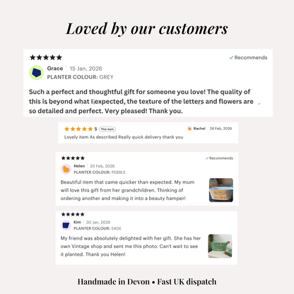 info graphic showing customer reviews for personalised garden planter