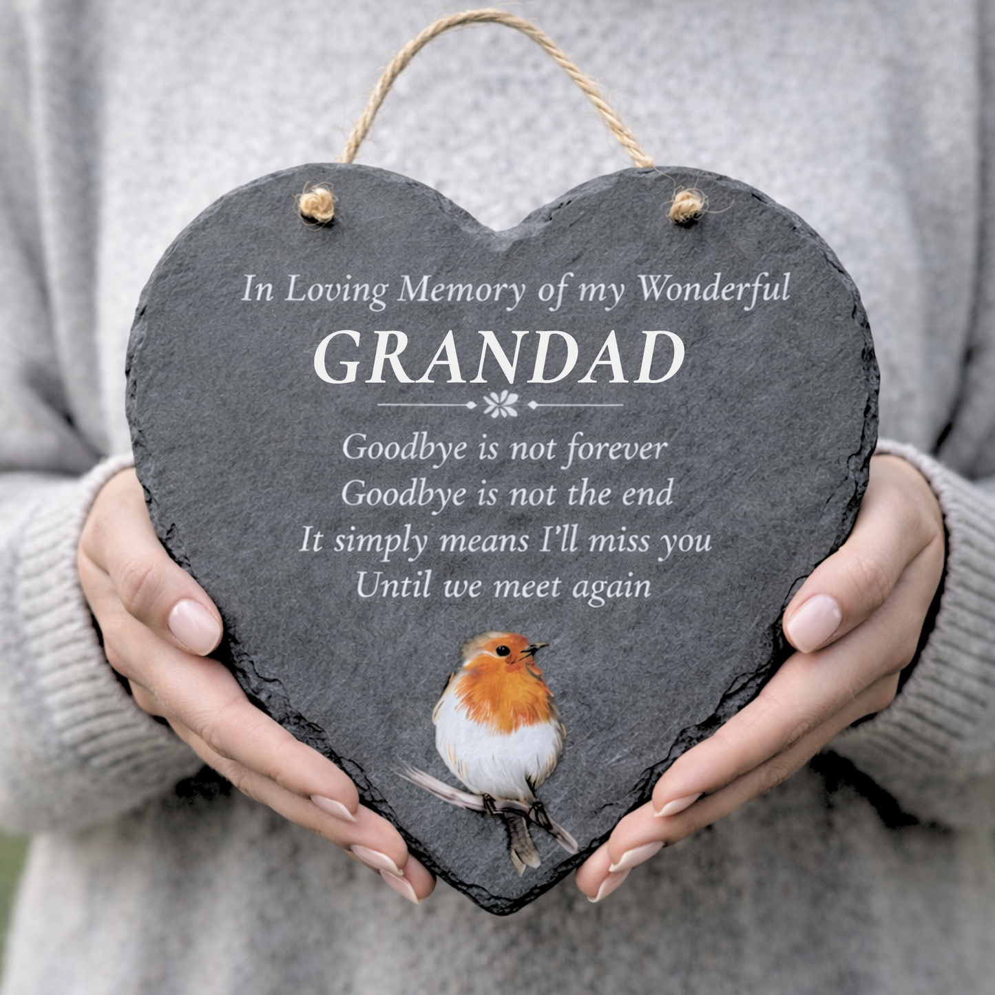 Heart-shaped slate plaque with a robin illustration and memorial text for a grandad.