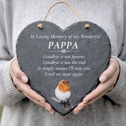 Heart-shaped slate plaque with a robin illustration and memorial text for Nanna.
