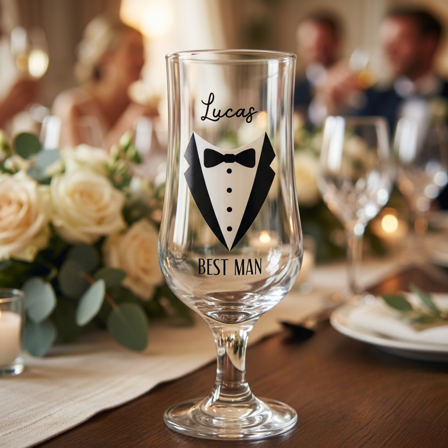 Glass with tuxedo design and 'Best Man' text on a wedding table setting.