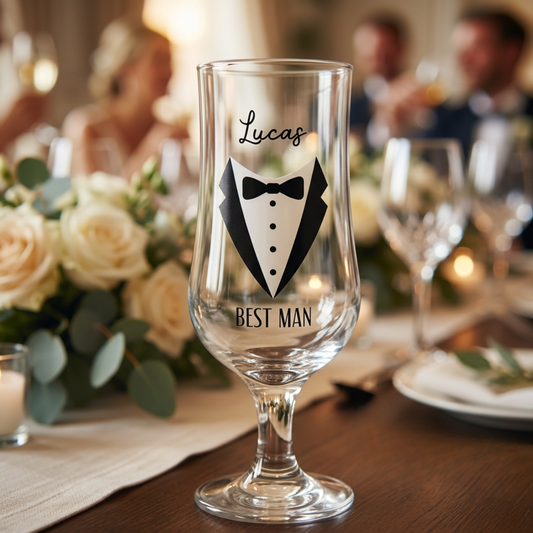 Glass with tuxedo design and 'Best Man' text on a wedding table setting.