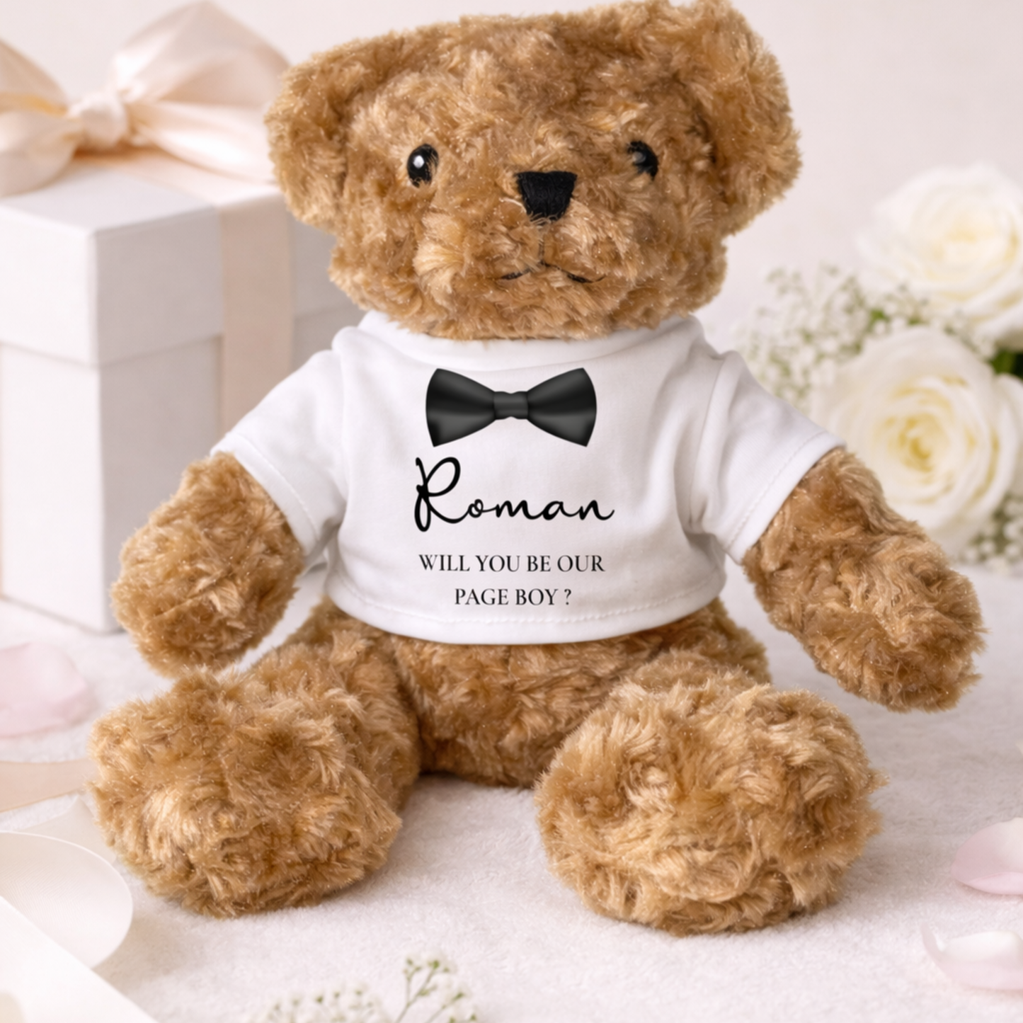 Personalised 20cm teddy bear with printed white T-shirt saying Will You Be My Page Boy by Callie Keepsakes