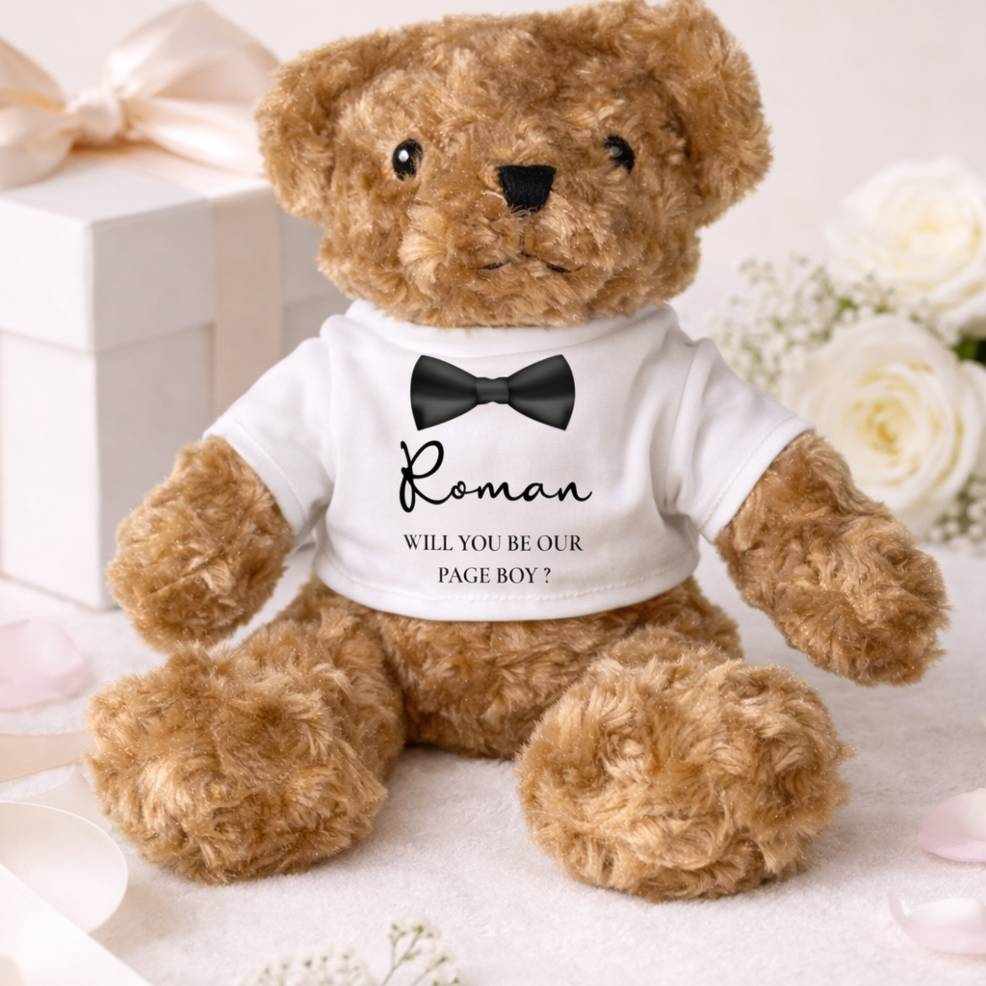 Personalised 20cm teddy bear with printed white T-shirt saying Will You Be My Page Boy by Callie Keepsakes