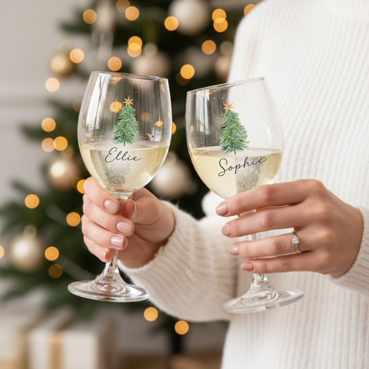 Wine glass with Christmas tree print and personalised name, held in hand