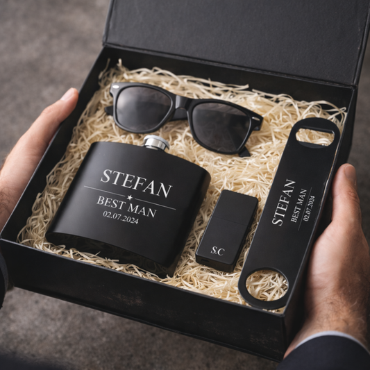 Hands holding a personalised groomsman gift box containing a hip flask, bar blade, zippo lighter and wayfarer sunglasses, presented in a luxury black gift box