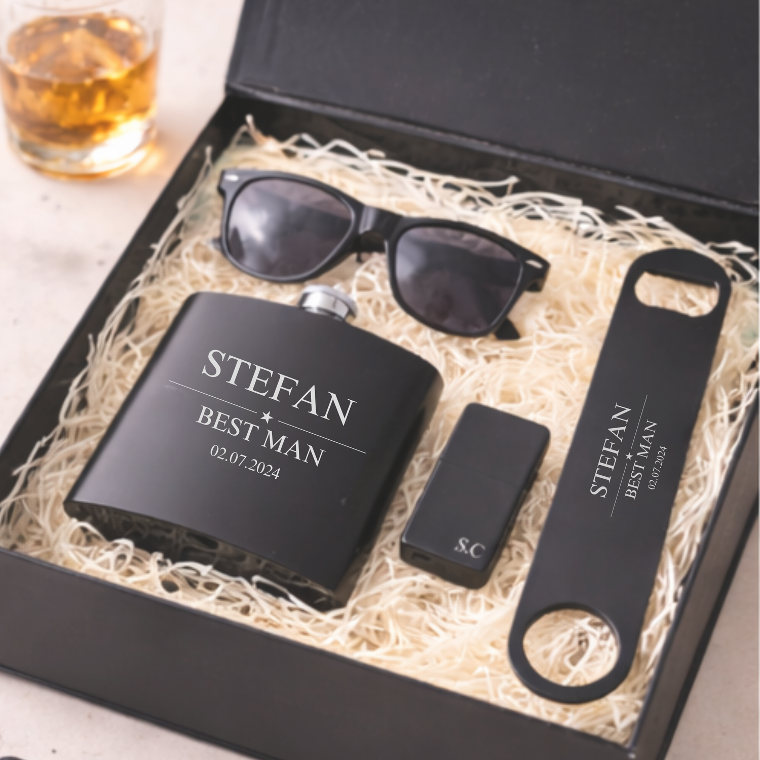 a filled thank you gift box for best man, groomsman, father of the bride or father of the groom, personalised hip flask, bar blade, wayfayer sunglasses and zippo lighter