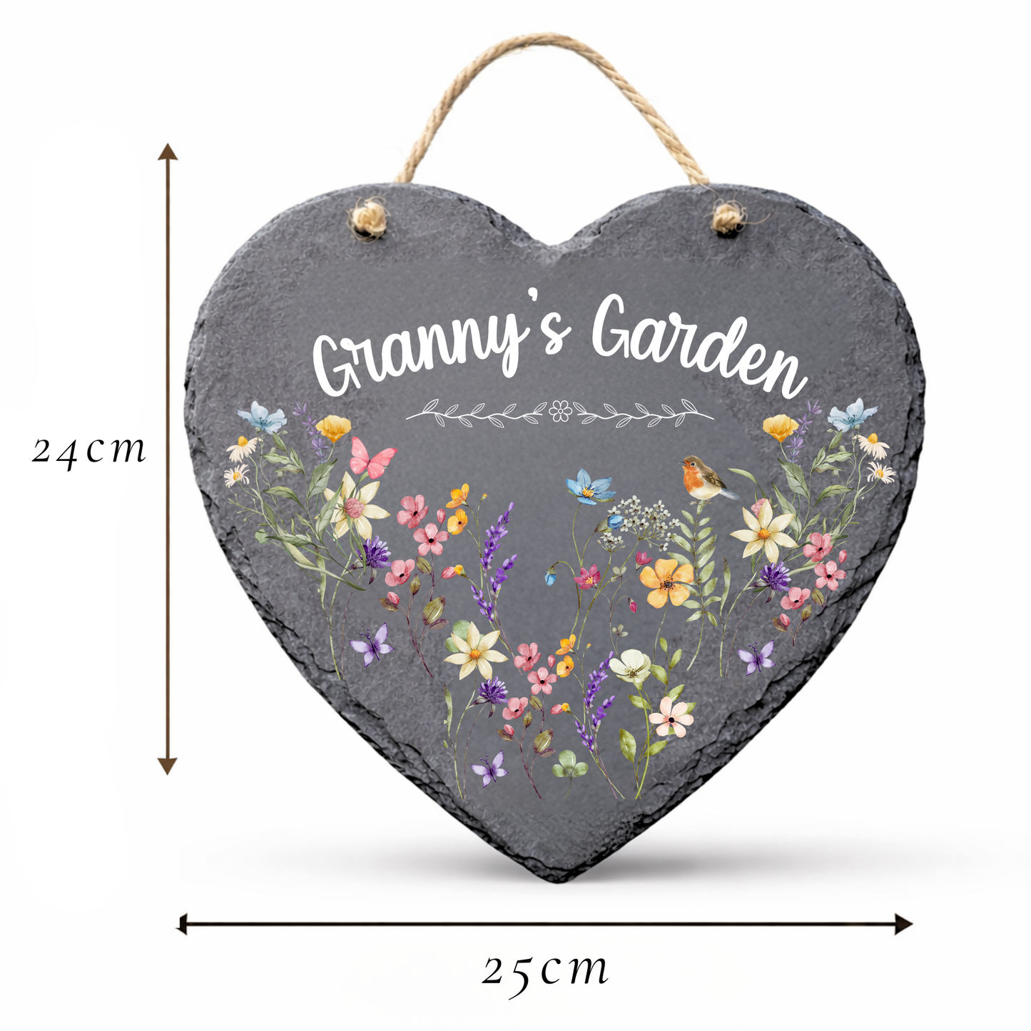 Heart-shaped slate sign with floral design and 'Granny's Garden' text, shown with dimensions.