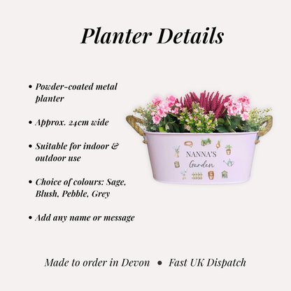 Metal planter with flowers and Nanna's Garden branding, featuring product details on a white background.