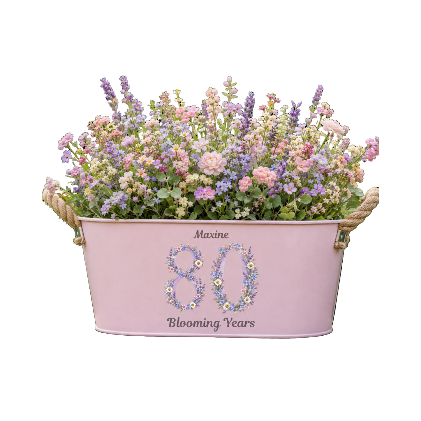 Pink metal planter with flowers and '80 Blooming Years' text on a white background