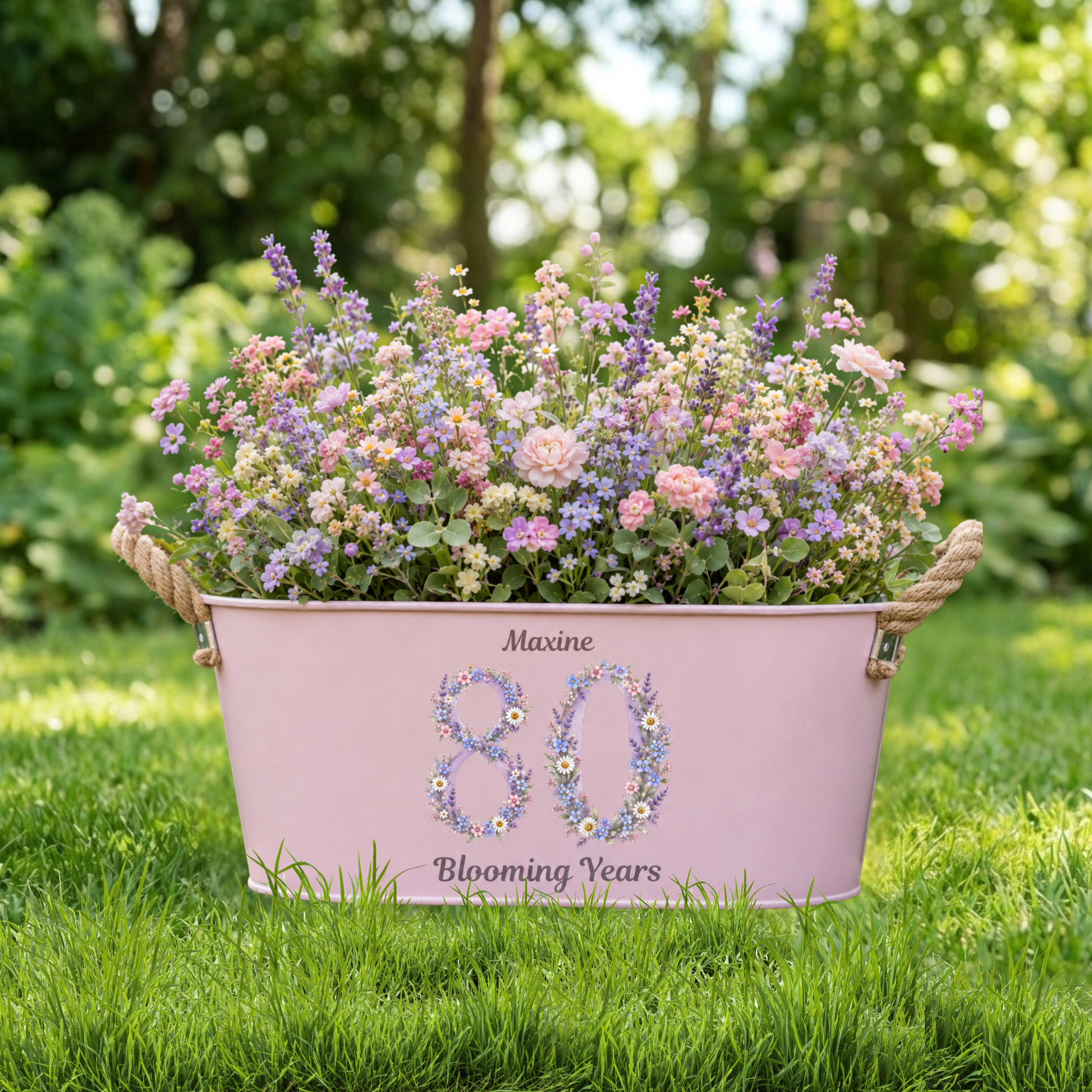 Pink metal planter with flowers and 'Maxine 80 Blooming Years' text on grass