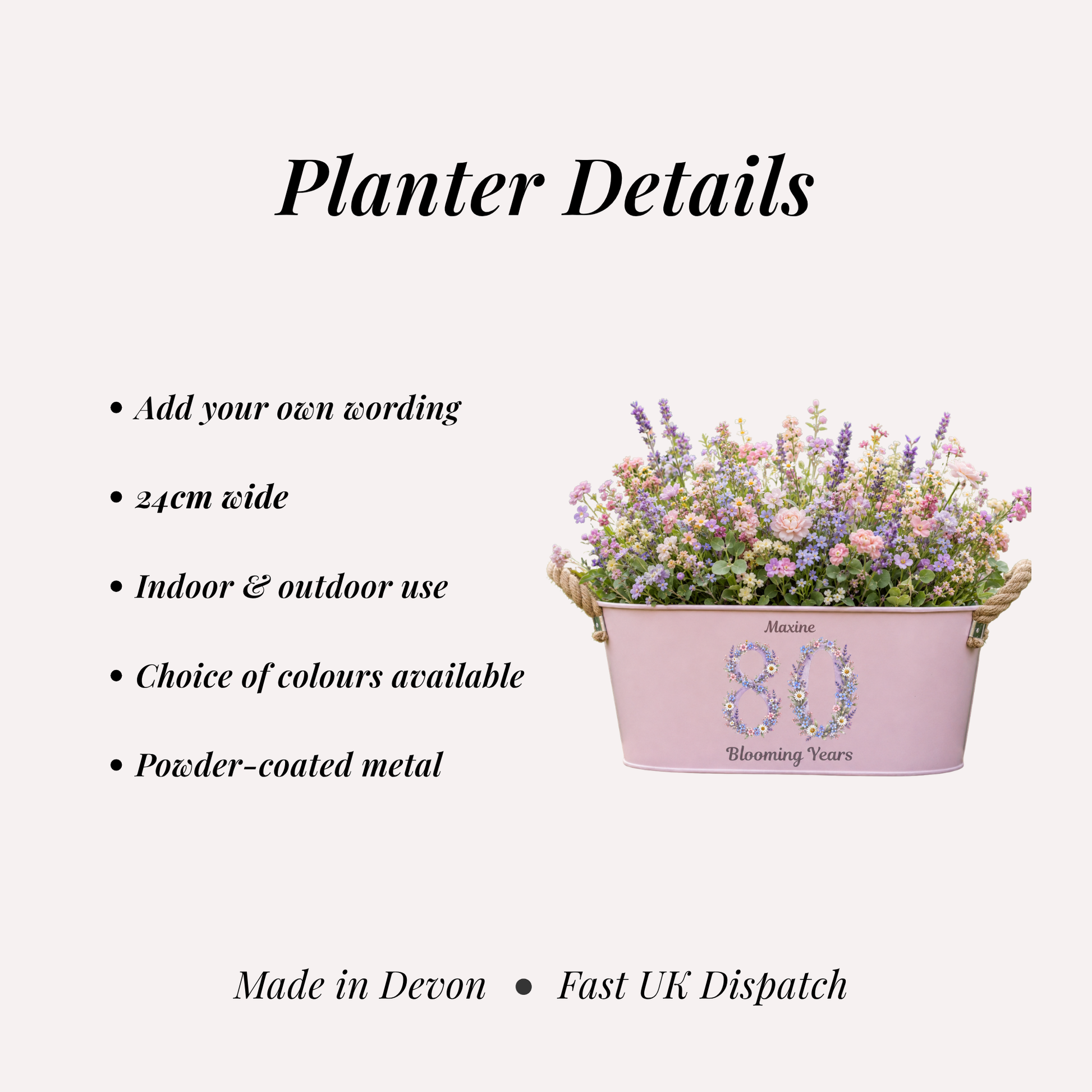 Pink planter with flowers and text details on a white background