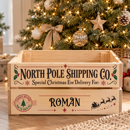 A personalized wooden crate with 'NORTH POLE SHIPPING Co' and 'ROMAN' printed on the front, styled in front of a decorated Christmas tree on a wooden floor.