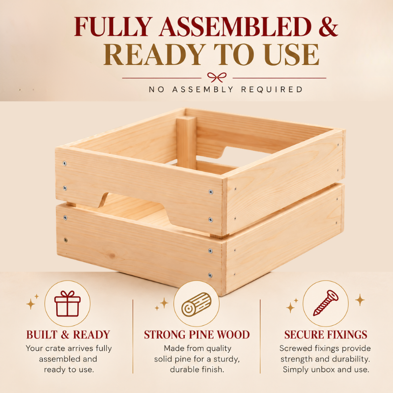 A natural light wood crate shown fully assembled on a beige background with promotional text reading 'FULLY ASSEMBLED & READY TO USE' and feature callouts about built readiness, strong pine wood, and secure fixings.