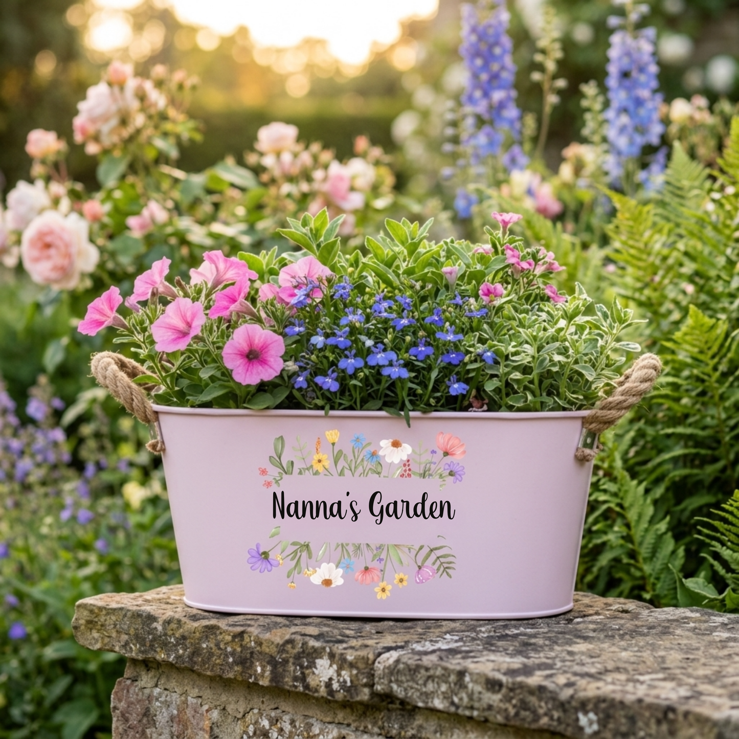 Pink metal planter with flowers labeled 'Nanna's Garden' in a garden setting